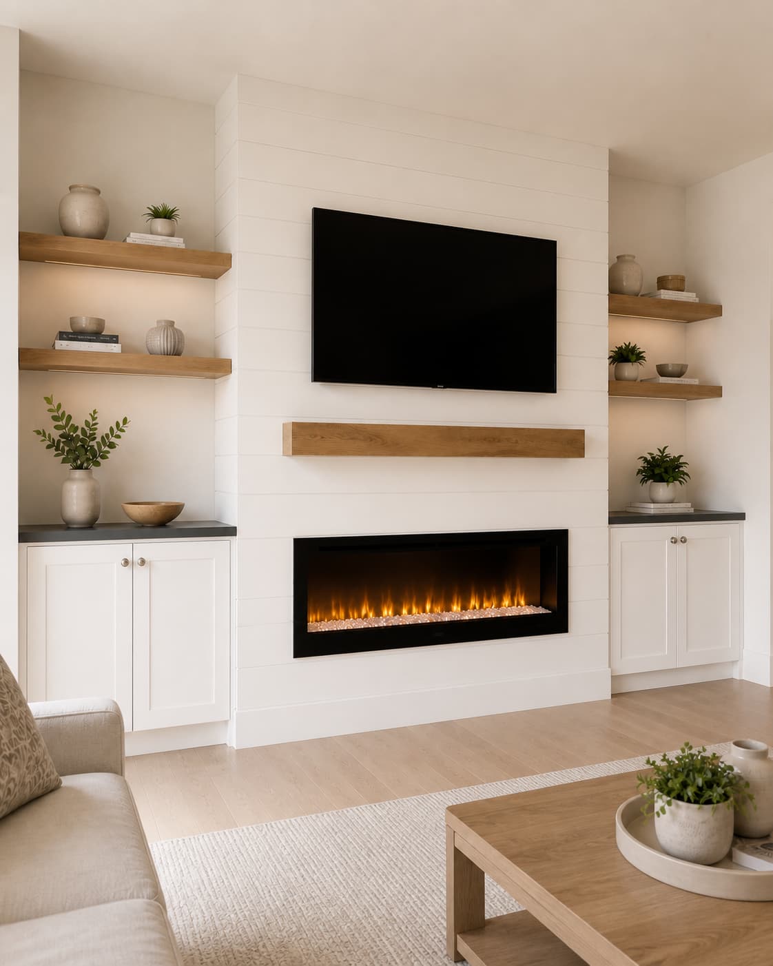Custom board and batten accent wall with floating shelves and trim work