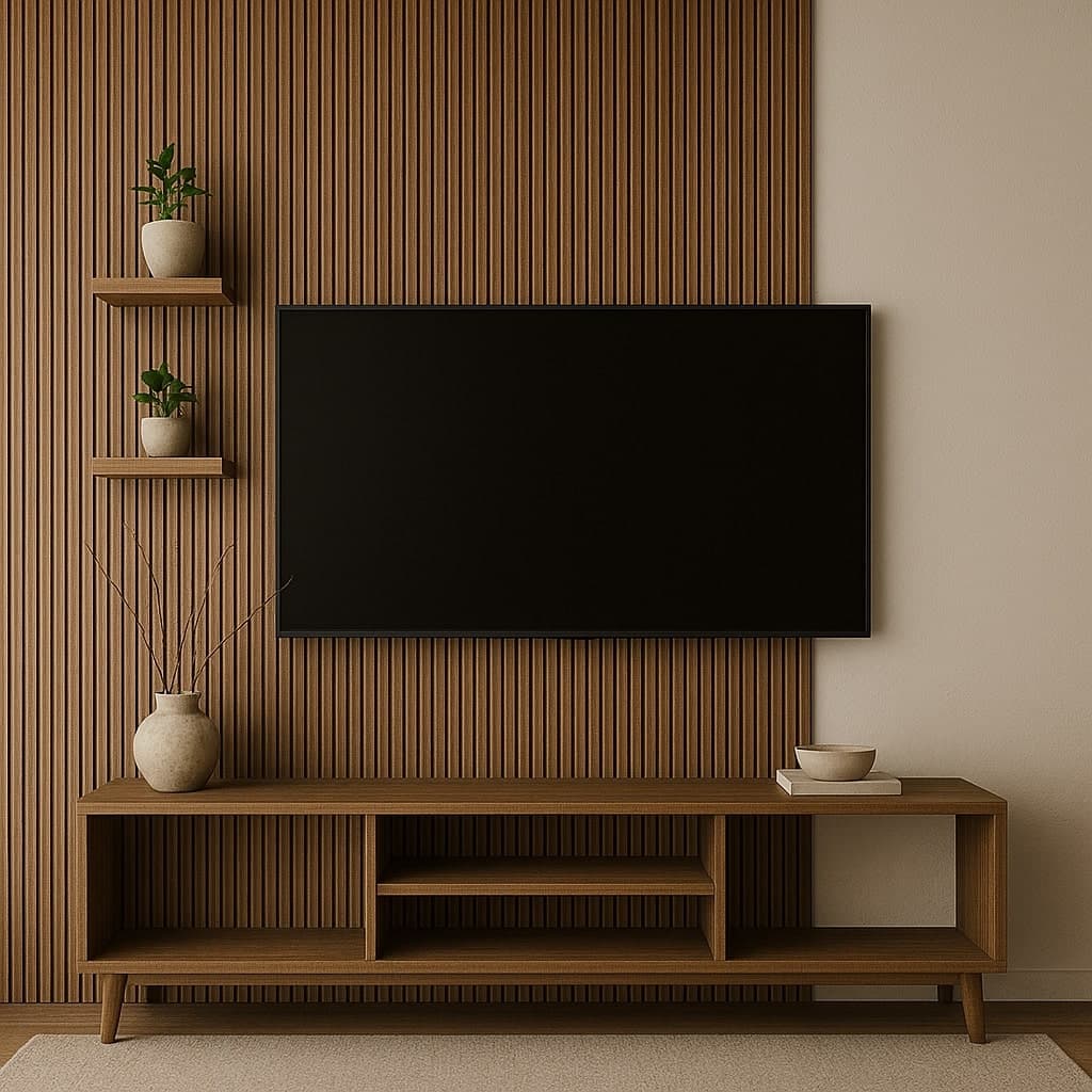 Custom media wall with recessed TV mount and acoustic wood slat paneling
